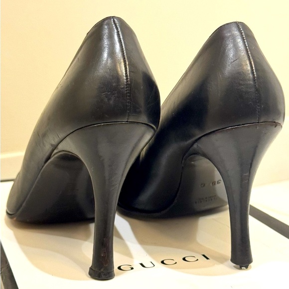 🔥 Rare Vintage 1980s Gucci Black Leather Box Toe Stiletto Slip-On Heels Pumps - Picture 3 of 9
